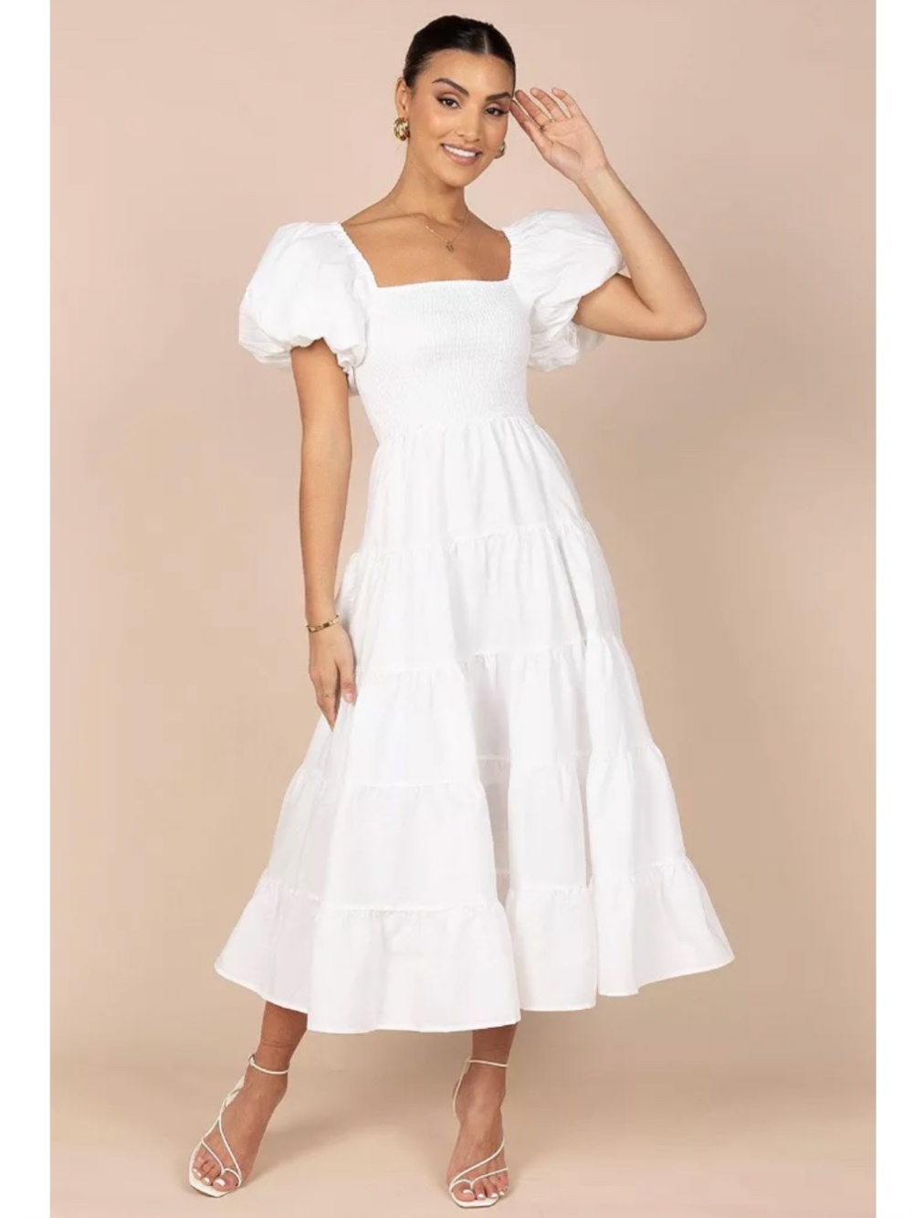 Petal & Pup Women's Annette Puff Sleeve Shirred White Midi Dress